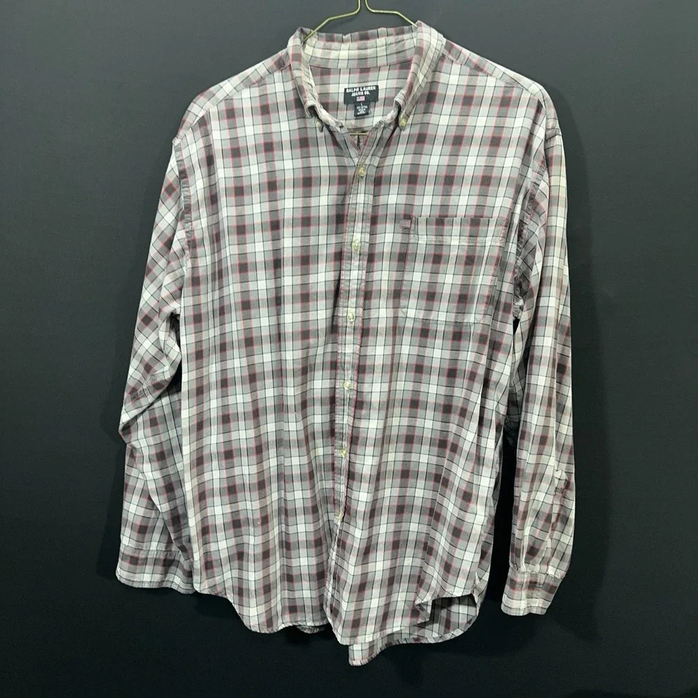 Vintage Polo Jeans Co Ralph Lauren Men's L Red Black Plaid Shirt 90s Flag Patch‎